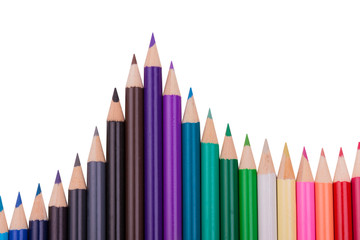Row of colour pencils isolated on white background