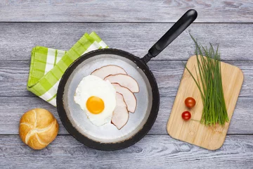 Papier Peint photo Lavable Oeufs sur le plat Fried egg and ham breakfast