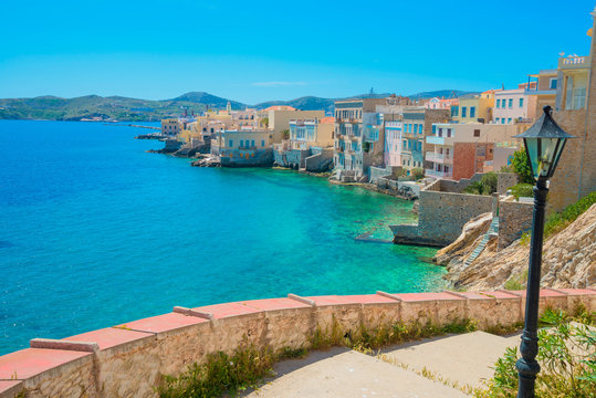 Greece Syros island artistic view of main capitol, also known as
