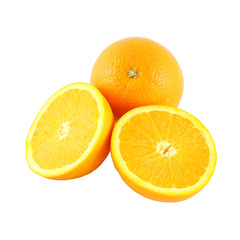Orange and two riped side fruit on white background.