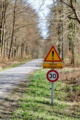 trous en formation, panneau sur route de forêt