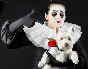 woman mime with little dog
