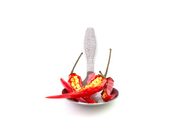 Red Chili slice and yellow seed on spoon
