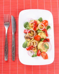 salad of grilled vegetables on red background, top view