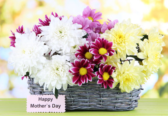 Bouquet of beautiful chrysanthemums in wicker basket