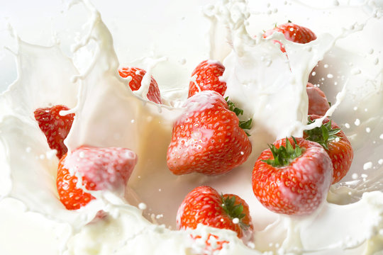 Red strawberry fruits falling into the milk