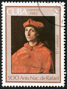stamp printed in Cuba shows draw by artist Rafael