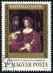 stamp shows Picture by Raphael "Joan of Aragon"