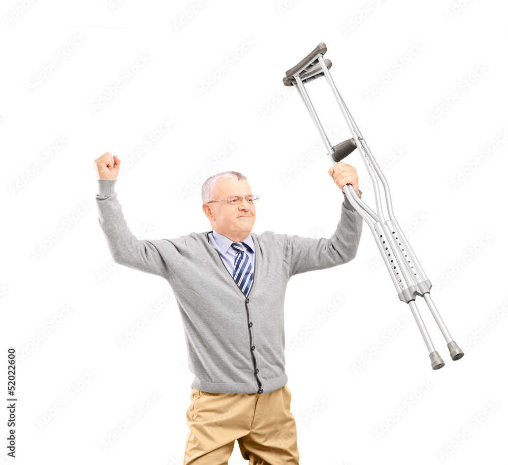 Poster a happy gentleman patient holding crutches and gesturing happine