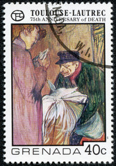 stamp printed in Grenada shows draw by artist Touloise-Lautrec