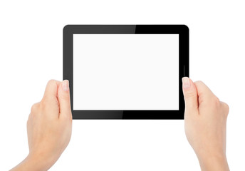 tablet computer isolated in a hand on the white backgrounds. lik