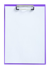 Fototapeta na wymiar purple paperclip with sheet of paper isolated