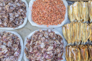 Variety of dried fish on an asian market