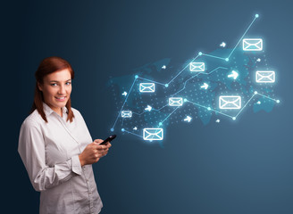 Young lady holding a phone with arrows and message icons