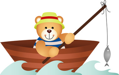 Ours en peluche pêchant dans un bateau
