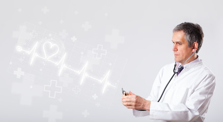 Doctor examinates heartbeat with abstract heart