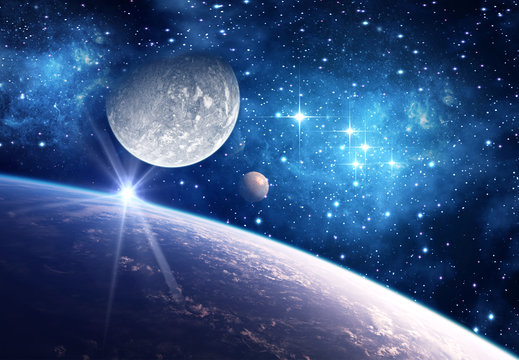 Fototapeta Background with a Planet, Moon and Star