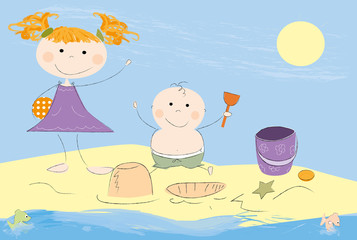 Obraz na płótnie Canvas Happy kids with toys on the beach