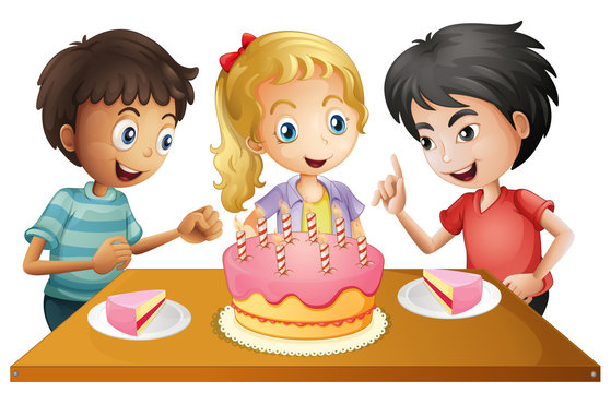 A table with cake surrounded by three kids