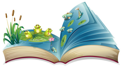 Obraz premium A book with an image of the frogs and fishes in the pond