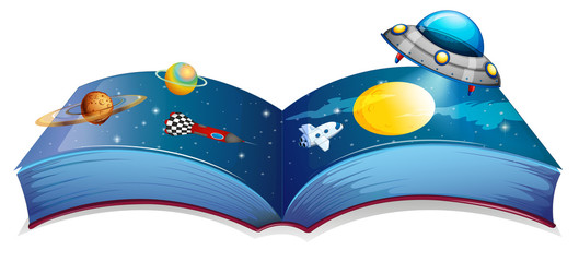 A book with an image of a spaceship and planets