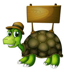 Fototapeta premium A turtle with a wooden signboard at the back