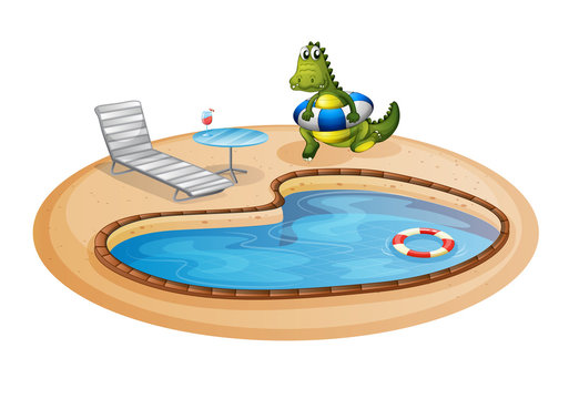 A swimming pool with a crocodile inside a buoy