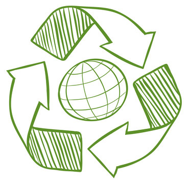 A globe surrounded by recycling signs