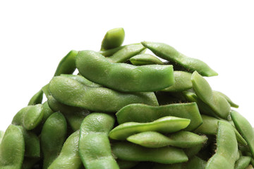 Green soybeans in the pod on white background
