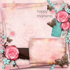 greeting card with flowers, butterfly on pink paper vintage back