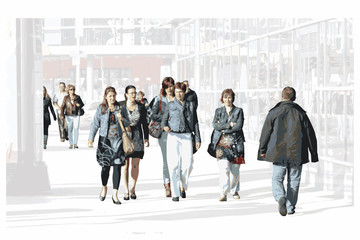 Bustling, hustling shoppers illustration