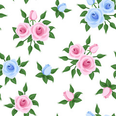 Seamless pattern with pink and blue roses. Vector illustration.