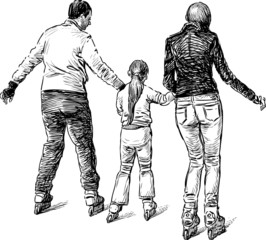 family riding a rollers