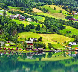 Fototapeta na wymiar Small town and cruise port Olden in Norway.