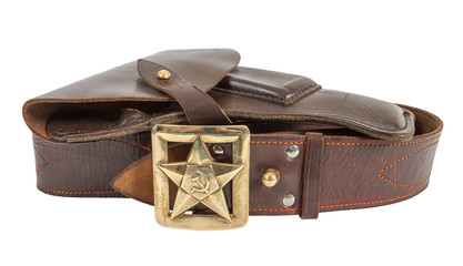 Old russian belt and holster isolated on white background