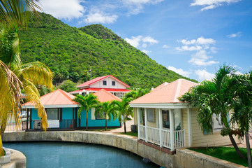 Fototapeta na wymiar Beautiful houses at Philipsburg, St Maarten, Caribbean Islands
