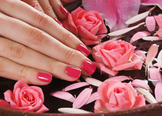 Beautiful female hands with flowers and petals in spa style