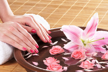 Obraz na płótnie Canvas Beautiful female hands with flowers and petals in spa style