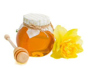 floral honey in glass pot