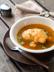 Cauloflower soup with paprika, selective focus