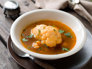 Cauloflower soup with paprika, selective focus