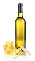 Composition of corkscrew and bottle of wine, grape, isolated