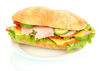 Fresh and tasty sandwich with ham and vegetables isolated