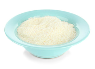 Powdered milk in bowl for baby isolated on white