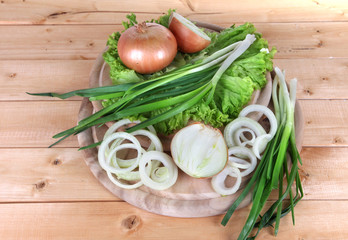 Composition with herbs and onions on wooden table