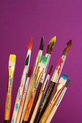 Fototapeta premium Many brush in paint on purple background