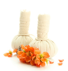 Herbal compress balls for spa treatment and flowers isolated