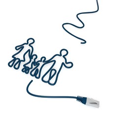 3d graphic of a isolated dislike symbol with cat5 network cable