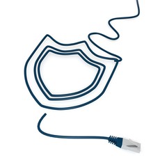3d graphic of a isolated dislike symbol with cat5 network cable