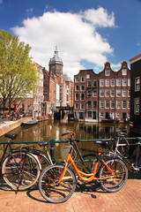 Fototapeta premium Amsterdam city with bikes on the bridge, Holland